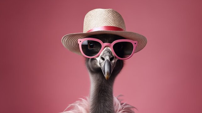 Flamingo with pink hat and sunglasses   studio shot with blurred background and text space