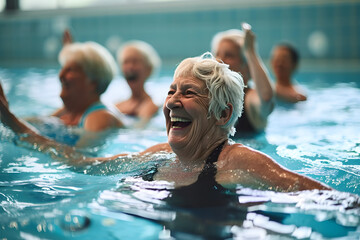 Active senior women enjoying aqua fit class in a pool, displaying joy and camaraderie, embodying a healthy, retired lifestyle - Powered by Adobe