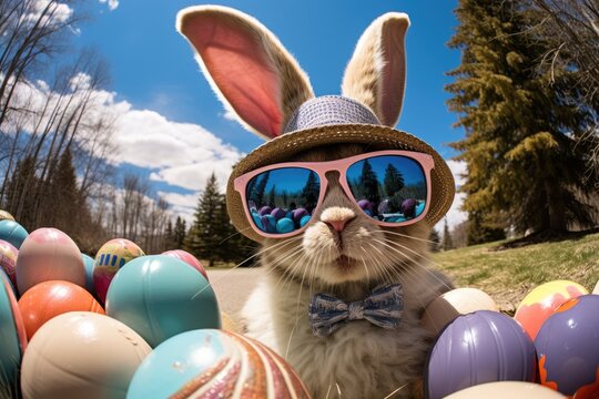 Cool Easter bunny carrying out Easter eggs.
