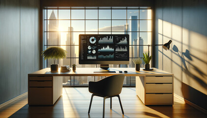 Minimalist office with sleek desk, data analytics dashboard, and cityscape view