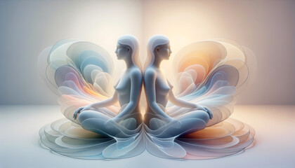 Tranquil digital twins surrounded by fluid shapes in a minimalist environment