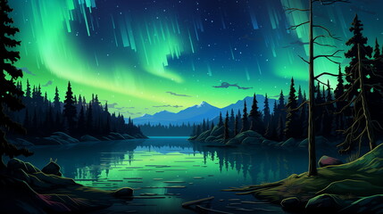 A lake with trees and aurora borealis in the sky