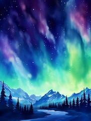 Fototapeta premium A painting of a forest and mountains