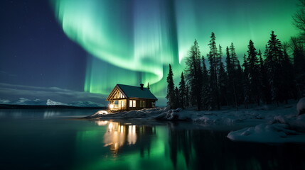 A house on the water with trees and aurora borealis in the sky - Powered by Adobe