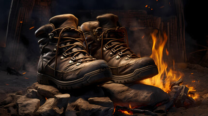 A worn-out pair of hiking boots beside a campfire