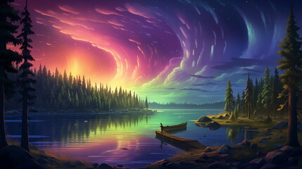A person on a dock on a lake with trees and a colorful sky