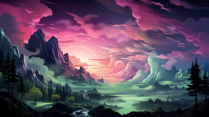 A landscape of mountains and a river