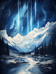 A painting of a mountain with a lake and trees