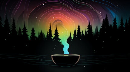 A bowl of hot water with rainbow colored smoke coming out of it
