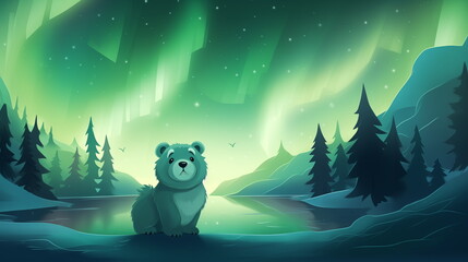 A cartoon of a bear sitting on a lake