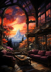 A room with a view of a mountain and trees