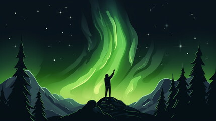 A person standing on a mountain with green lights in the sky