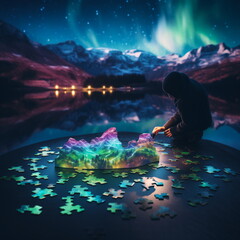 A person sitting on a table with a puzzle piece in front of a lake