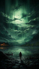 A person sitting in a lake with a house and mountains in the background