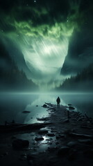 A person standing on a rocky shore in a foggy forest