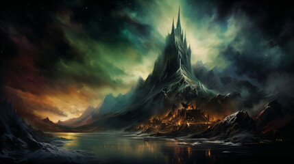 A mountain with a castle in the distance