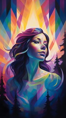 A painting of a woman with colorful hair