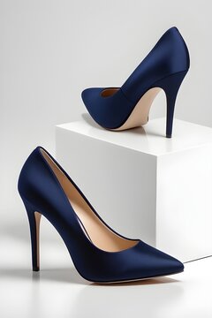 Portrait of a woman's dark blue high-heeled shoes on a white background, background image, generative AI