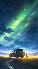 A car in the desert under a starry sky