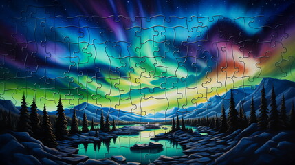 A puzzle of a landscape with a rainbow light