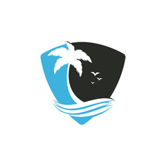 Beach and palm tree vector logo. Travel and tourism sign.