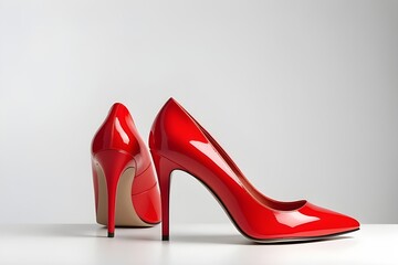 Portrait of a woman's bright red high-heeled shoes on a white background, background image, generative AI - obrazy, fototapety, plakaty