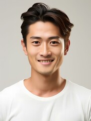 Portrait of a young Japanese man with smiling expression, facing the camera, isolated white background, AI Generative