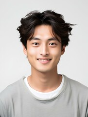 Portrait of a young Japanese man with smiling expression, facing the camera, isolated white background, AI Generative