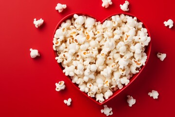 Fototapeta na wymiar popcorn in a red heart-shaped cup on a red background.View from above.Flat layout. Mockup