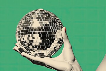 Creative contemporary collage of woman hand holding disco ball on green background. Concept of celebration, music, event 80s and 90s retro style. Trendy vintage party symbol. Creative Christmas card - obrazy, fototapety, plakaty