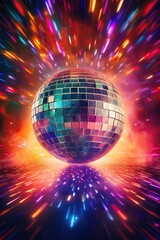 Disco or mirror ball with rainbow on colorful dark background with lights and sparcles. Music and...