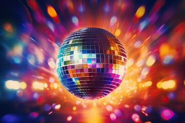 Disco or mirror ball with rainbow on colorful dark background with lights and sparcles. Music and...