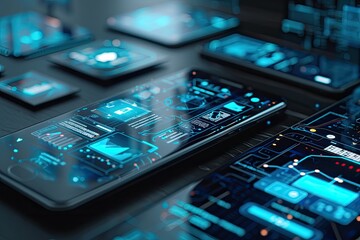 A mobile phone showing data transactions and diagrams. Technology concept.