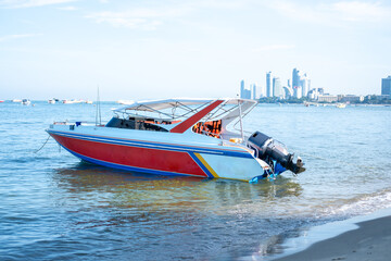 Amazing Thailand high season long tail and speed boat thai and foreign tourists at pattaya beach...