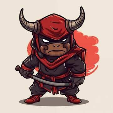 Bull ninja fighter. Bull mascot . Bull warrior mascot.