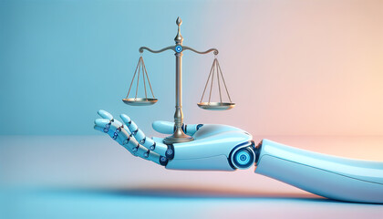AI Robot Hand Holding Balanced Scale of Justice - obrazy, fototapety, plakaty