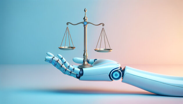 AI Robot Hand Holding Balanced Scale of Justice