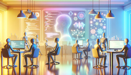 Tranquil workspace with AI code and abstract neural network patterns.