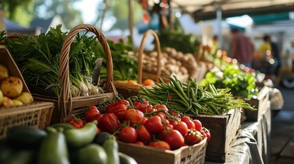 A bustling urban farmer's market with fresh local produce.