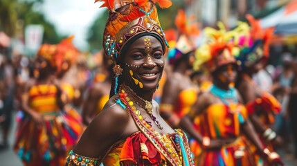 A colorful and lively carnival parade with dancers in elaborate costumes.