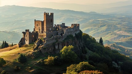 Fototapeta premium A medieval fortress on a hilltop with panoramic views of the surrounding countryside.