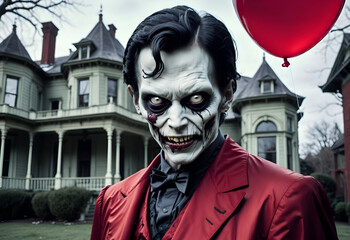 Love Beyond the Grave: A creepy male zombie holding red balloons for Valentine´s day at an old mansion
