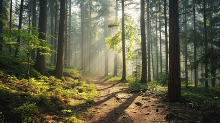 Obraz premium A misty forest trail with sunlight filtering through tall trees.