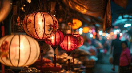 A night market in Southeast Asia with lanterns illuminating a bustling bazaar.
