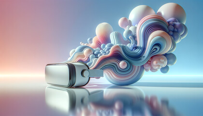 Tranquil Virtual Reality: Serene background, sleek goggles, and soothing abstract shapes.