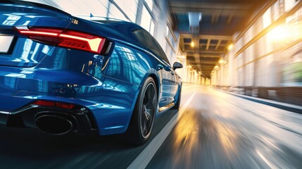 Fototapeta premium Rear view of blue Business car on high speed in turn.