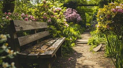 Spring garden with blooming flowers and a wooden bench.