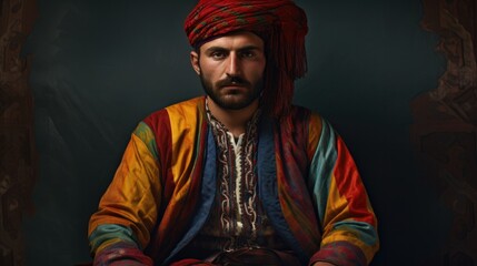 Obraz premium person wearing a Georgian Chokha, showcasing vibrant colors and patterns generative ai