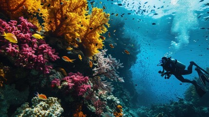 Naklejka na ściany i meble An underwater scuba diving adventure exploring coral reefs and marine life.