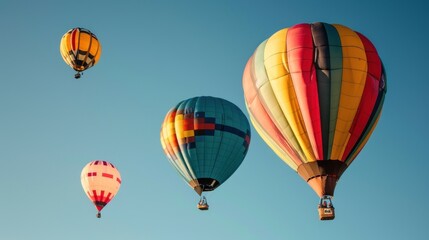 Fototapeta premium Brightly colored hot air balloons floating in a clear blue sky.